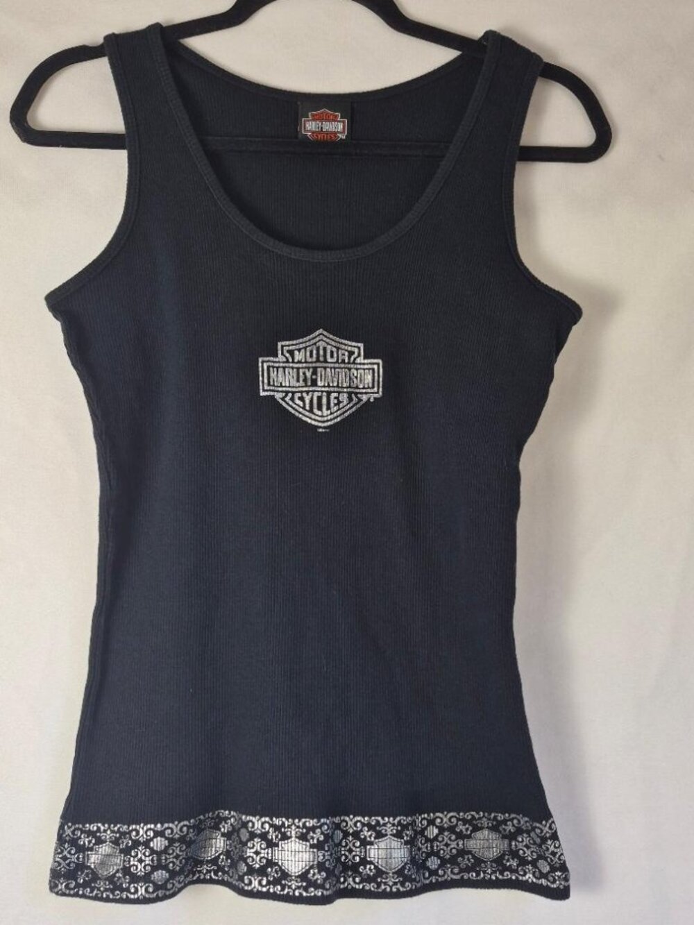 Vintage Y2K Harley-Davidson Ribbed Tank Top Metallic Hem Graphic Black Size L